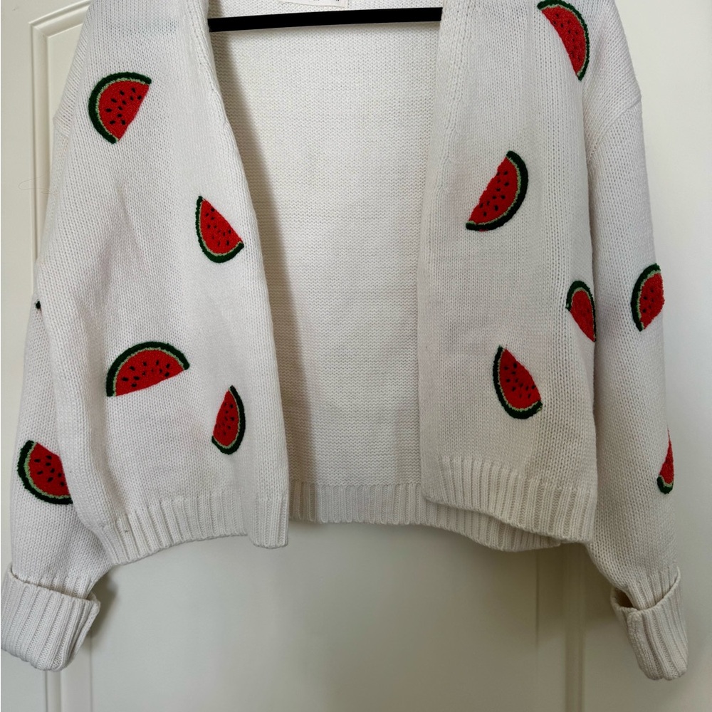 moon & madison White Cardigan with Red Watermelon Design